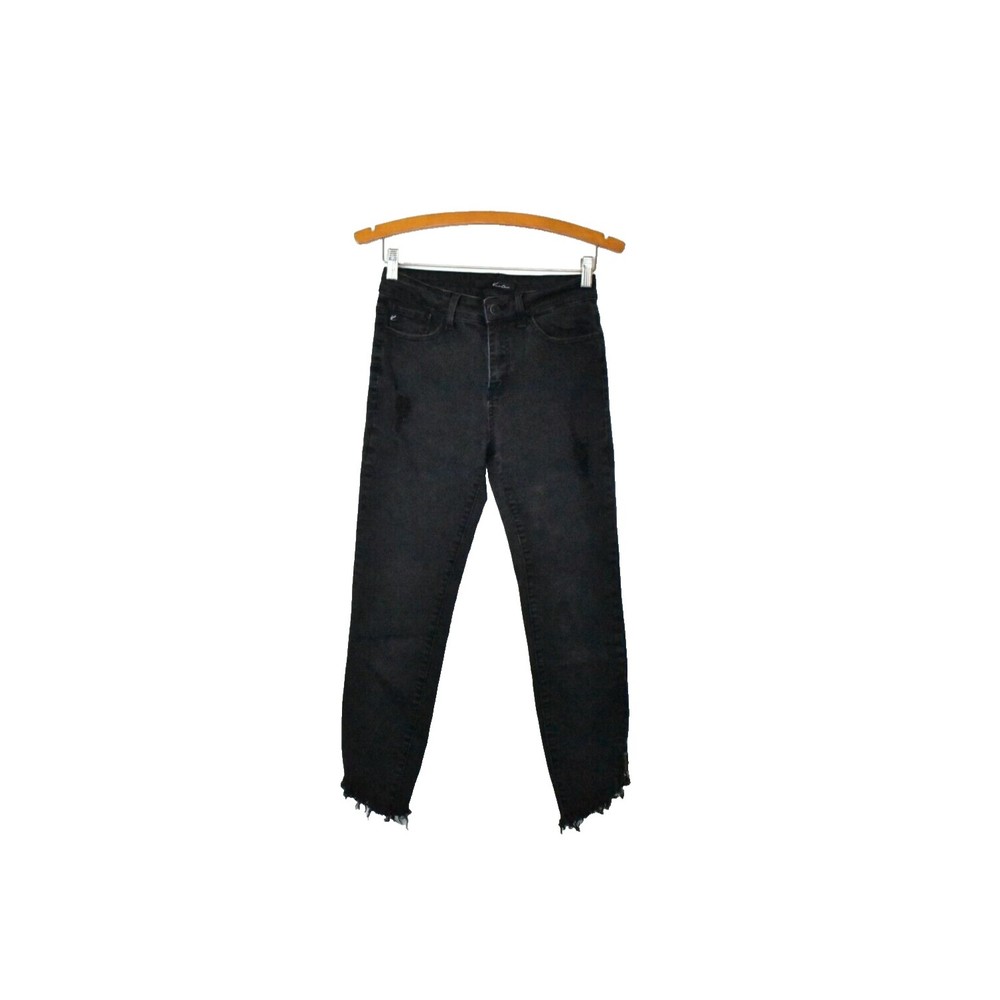 KanCan Jeans Womens 7/27 High Rise Ankle Skinny Distressed‎ Raw Hem Crop Black